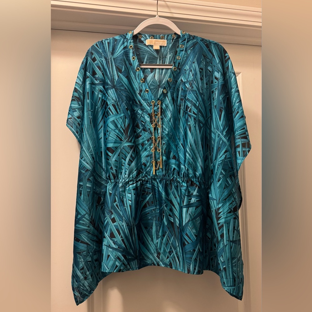 Michael Kors Teal and Black Leaf Print Tunic